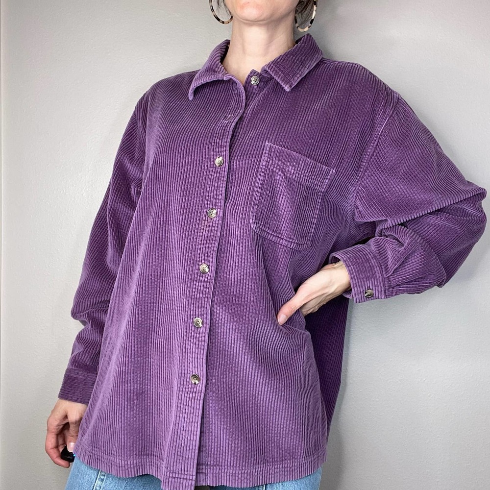 LL Bean wide wale corduroy aubergine purple button-down collared shirt L - Picture 1 of 17